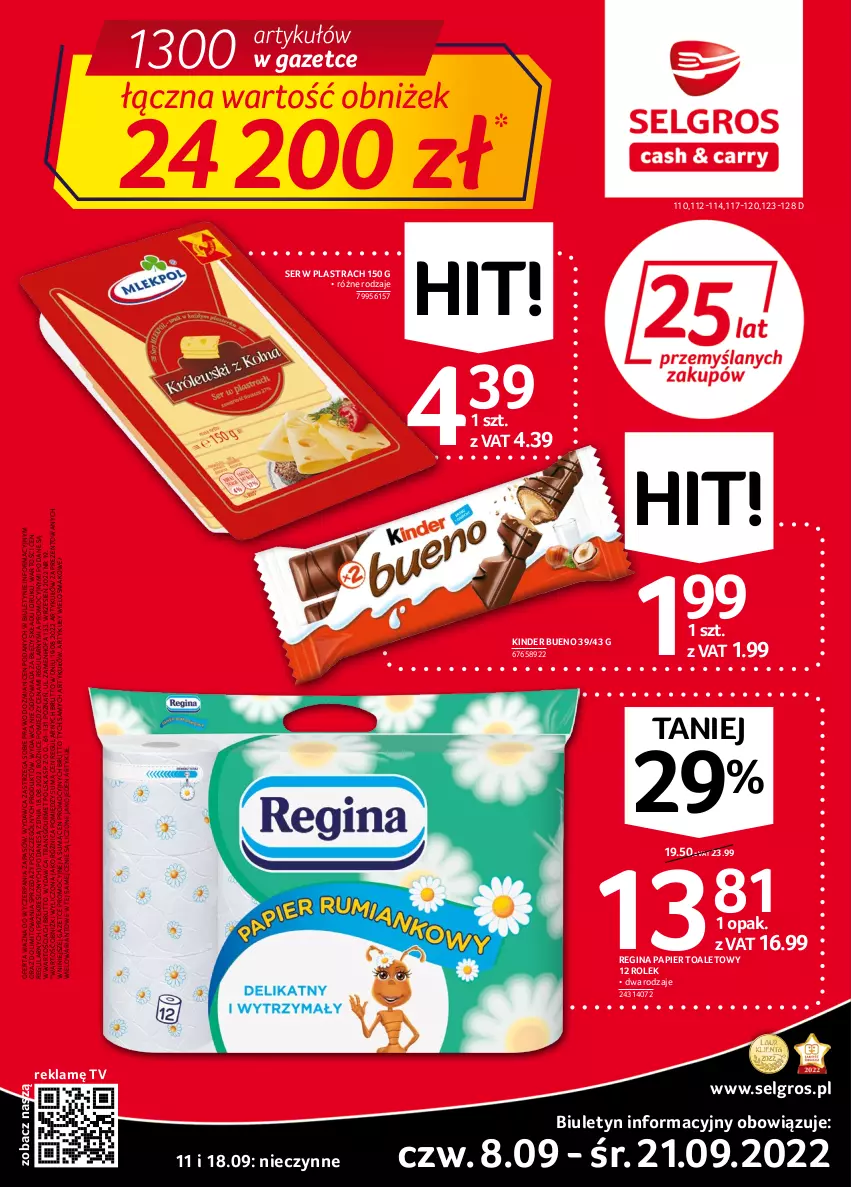 Gazetka promocyjna Selgros - Oferta spożywcza - ważna 08.09 do 21.09.2022 - strona 1 - produkty: Fa, Gin, Kinder, Kinder Bueno, LG, Papier, Papier toaletowy, Ser, Tran