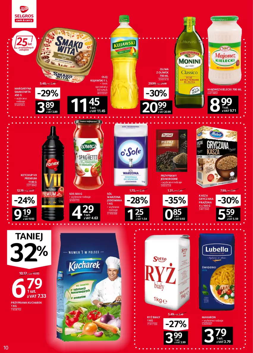 Gazetka promocyjna Selgros - Oferta spożywcza - ważna 08.09 do 21.09.2022 - strona 10 - produkty: Gry, Kasza, Kasza gryczana, Ketchup, Kucharek, Kujawski, Majonez, Makaron, Margaryna, Olej, Oliwa, Oliwa z oliwek, Przyprawy, Ryż, Ryż biały, Smakowita, Sól, Sos