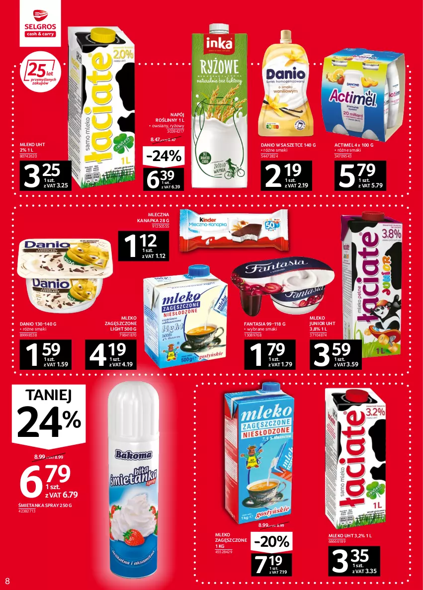 Gazetka promocyjna Selgros - Oferta spożywcza - ważna 08.09 do 21.09.2022 - strona 8 - produkty: Actimel, Danio, Fa, Fanta, Mleczna kanapka, Mleko, Mleko zagęszczone, Napój, Napój roślinny, Ryż