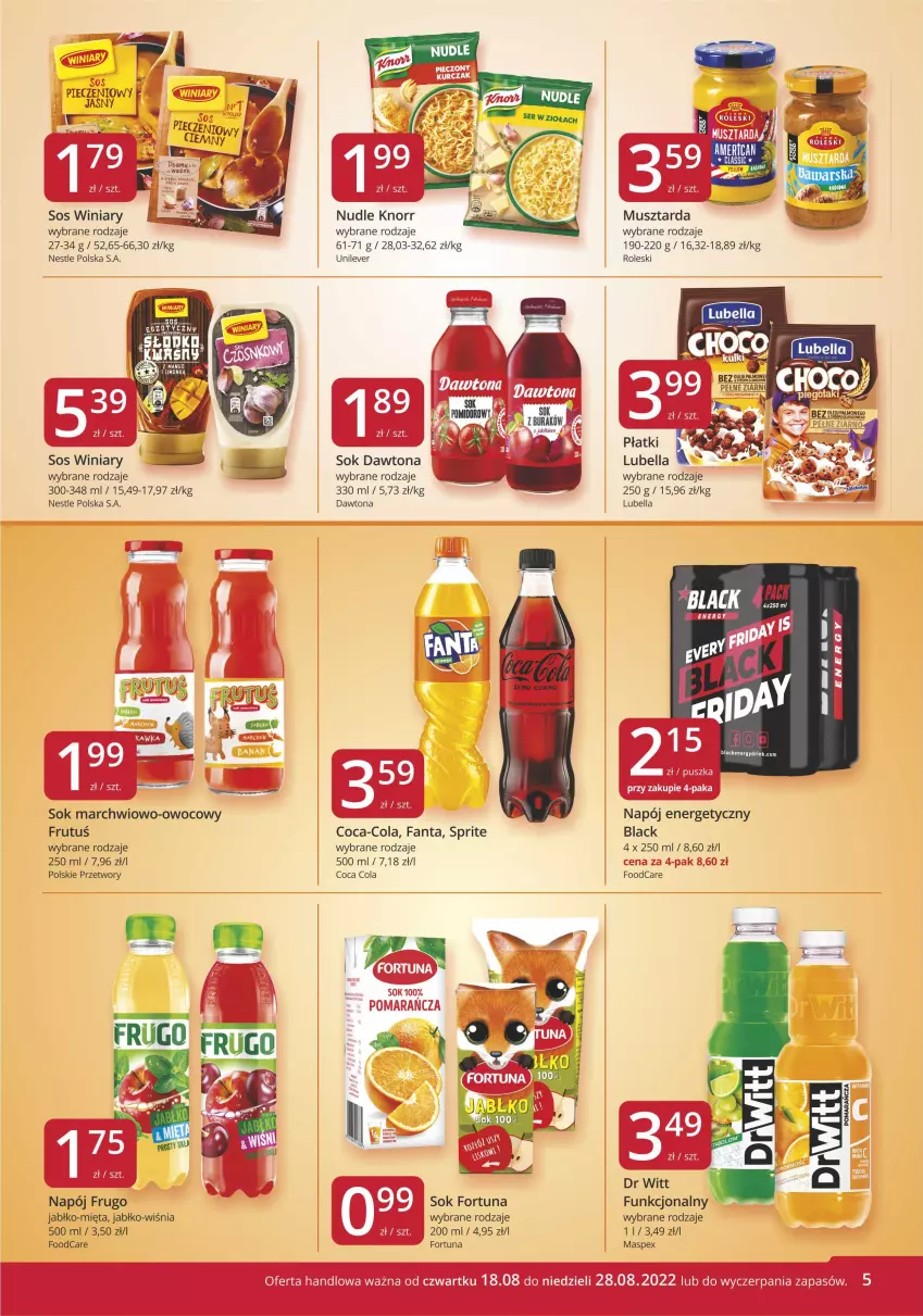 Gazetka promocyjna Market Vita - Gazetka promocyjna – Marketvita - ważna 18.08 do 28.08.2022 - strona 5 - produkty: Bell, Bella, Coca-Cola, Dawtona, Fa, Fanta, Fortuna, Knorr, Lack, Lubella, Mięta, Mus, Musztarda, Napój, Napój energetyczny, Piec, Sok, Sos, Sprite, Winiary