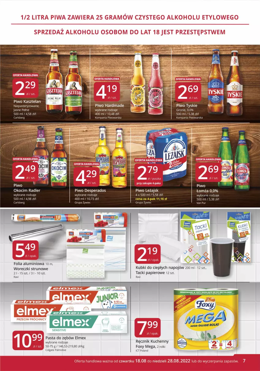 Gazetka promocyjna Market Vita - Gazetka promocyjna – Marketvita - ważna 18.08 do 28.08.2022 - strona 7 - produkty: Carlsberg, Colgate, Elmex, Folia aluminiowa, Foxy, Kasztelan, Koc, LG, Okocim, Palmolive, Papier, Pasta do zębów, Piwo, Pur, Radler, Ręcznik, Ręcznik kuchenny, Rolki, Tyskie