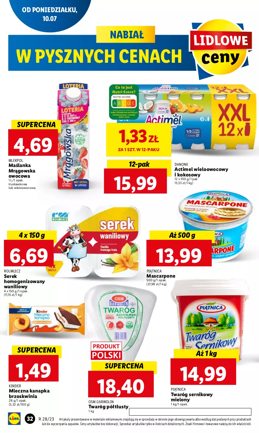 Gazetka promocyjna Lidl - GAZETKA - ważna 10.07 do 12.07.2023 - strona 37 - produkty: Actimel, Danone, Kinder, Kokos, Mascarpone, Maślanka, Mleczna kanapka, Piątnica, Rolmlecz, Ser, Serek, Serek homogenizowany, Twaróg, Twaróg półtłusty, Wazon