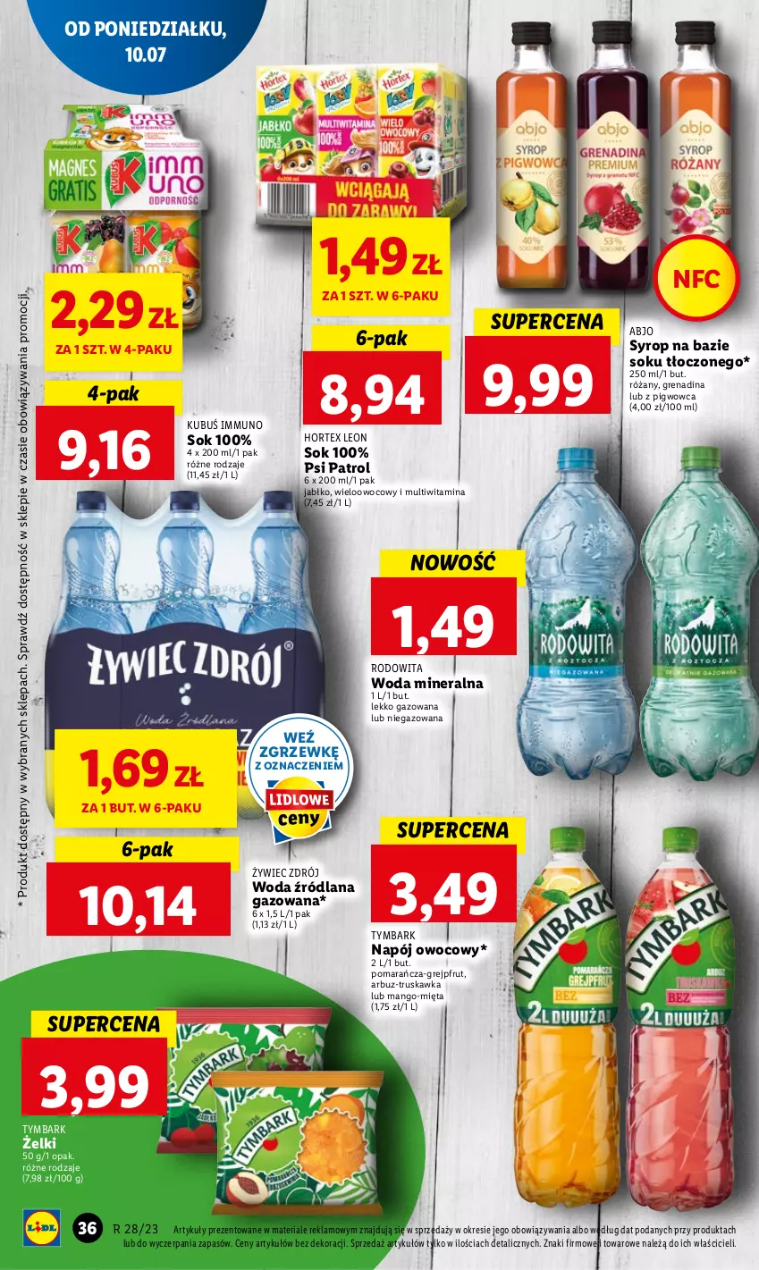 Gazetka promocyjna Lidl - GAZETKA - ważna 10.07 do 12.07.2023 - strona 41 - produkty: Arbuz, Grejpfrut, Hortex, Kubuś, LANA, Leon, Mango, Mięta, Napój, Psi Patrol, Róża, Sok, Syrop, Tymbark, Woda, Woda mineralna