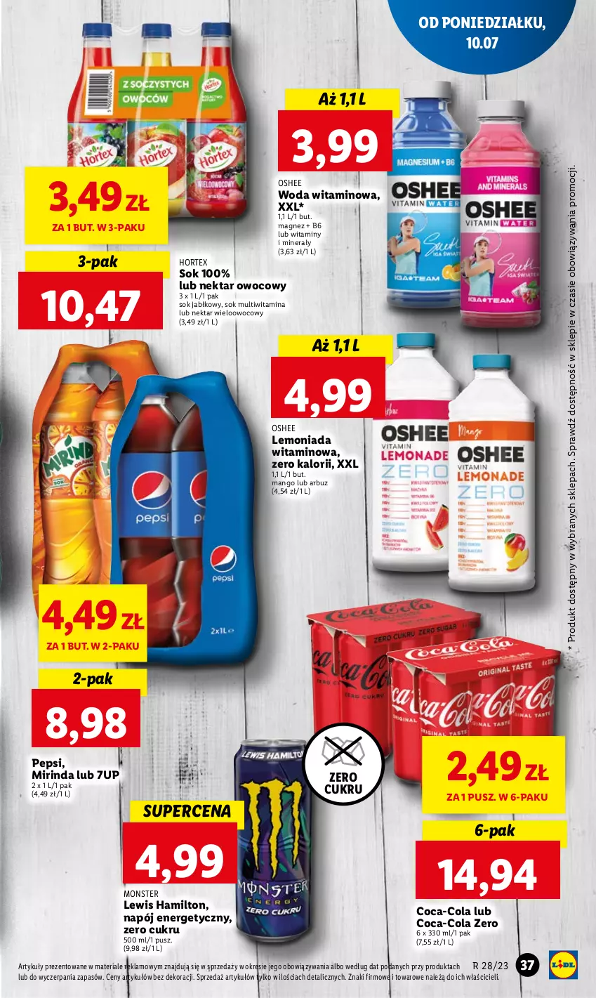 Gazetka promocyjna Lidl - GAZETKA - ważna 10.07 do 12.07.2023 - strona 42 - produkty: 7up, Arbuz, Coca-Cola, Hortex, Lemoniada, Magnez, Mango, Mirinda, Napój, Napój energetyczny, Nektar, Oshee, Pepsi, Sok, Sok jabłkowy, Woda