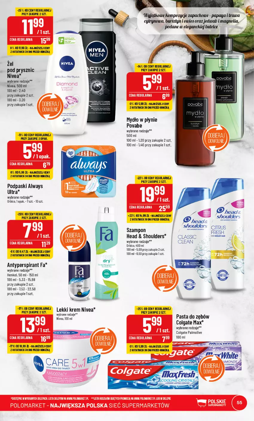 Gazetka promocyjna PoloMarket - Gazetka pomocyjna - ważna 31.05 do 06.06.2023 - strona 55 - produkty: Always, Always Ultra, Antyperspirant, BIC, Bursztyn, Colgate, Fa, Krem do twarzy, LG, Mydło, Mydło w płynie, Nivea, Palmolive, Pasta do zębów, Podpaski, Szampon