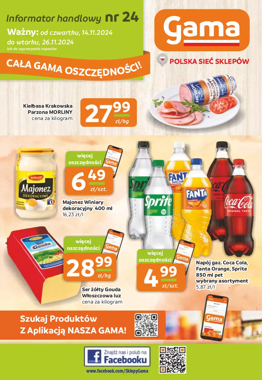 Gazetka promocyjna Gama - Gazetka Gama - ważna 14.11 do 26.11.2024 - strona 1 - produkty: Fa, Fanta, Gouda, Gra, Kiełbasa, Kiełbasa krakowska, Majonez, Morliny, Napój, Ser, Sprite, Winiary