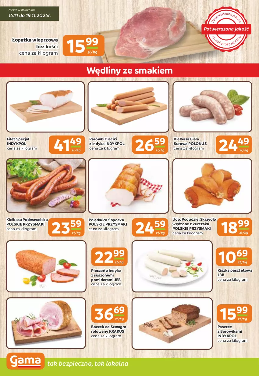 Gazetka promocyjna Gama - Gazetka Gama - ważna 14.11 do 26.11.2024 - strona 2 - produkty: Boczek, Gra, Kiełbasa, Kiełbasa biała, Kiełbasa podwawelska, Krakus, Kurczak, Parówki, Pasztet, Piec, Polędwica, Przysmaki, Wawel