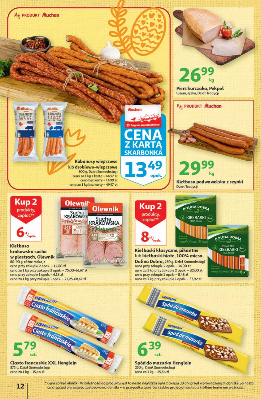 Gazetka promocyjna Auchan - Gazetka Wielkanoc w dobrym smaku Hipermarket Auchan - ważna 23.03 do 29.03.2023 - strona 12 - produkty: Ciasto francuskie, Kabanos, Kiełbasa, Kiełbasa krakowska, Kiełbasa podwawelska, Kiełbaski białe, Kurczak, O nas, Olewnik, Pekpol, Wawel