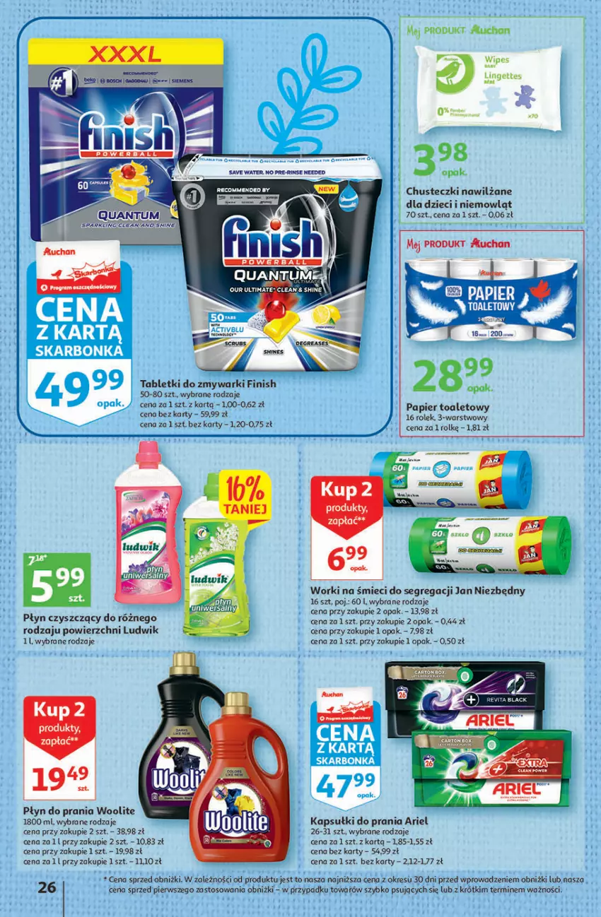 Gazetka promocyjna Auchan - Gazetka Wielkanoc w dobrym smaku Hipermarket Auchan - ważna 23.03 do 29.03.2023 - strona 26 - produkty: Ariel, Chusteczki, Dzieci, Fa, Finish, Gra, Jan Niezbędny, Kapsułki do prania, Ludwik, O nas, Płyn do prania, Tablet, Tabletki do zmywarki, Woal, Woolite, Worki na śmiec, Worki na śmieci, Zmywarki