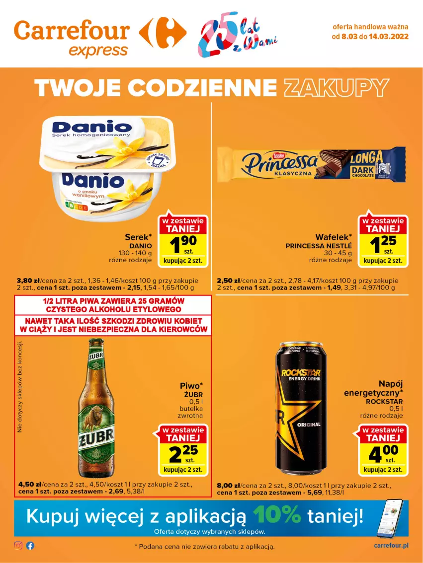 Gazetka promocyjna Carrefour - Gazetka Express - ważna 01.03 do 07.03.2022 - strona 1 - produkty: Danio, Gra, Kosz, Napój, Piec, Piwa, Piwo, Princessa, Ser, Serek, Wafelek