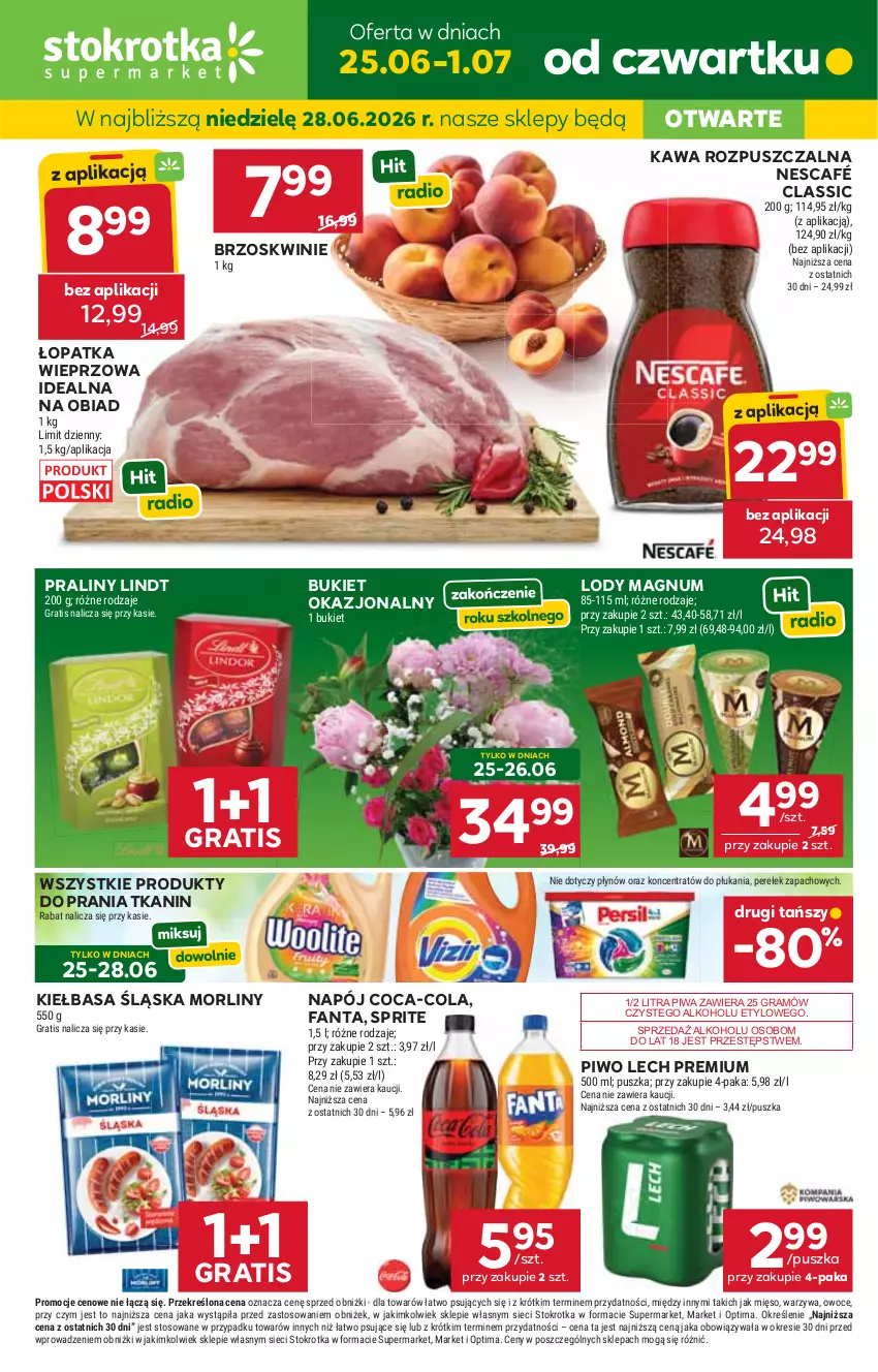 Gazetka promocyjna Stokrotka - Supermarket - ważna 25.06 do 01.07.2026 - strona 1 - produkty: Brzoskwinie, Bukiet, Coca-Cola, Fa, Fanta, Gra, JBL, Kawa, Kawa rozpuszczalna, Kiełbasa, Kiełbasa śląska, Lech Premium, Lindt, Lody, Mięso, Morliny, Napój, Nescafé, Optima, Owoce, Piwa, Piwo, Praliny, Sprite, Warzywa