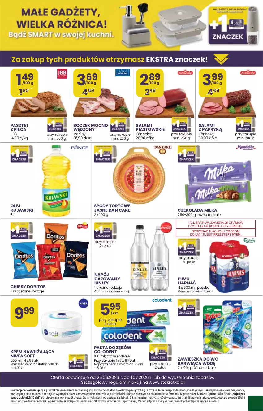 Gazetka promocyjna Stokrotka - Supermarket - ważna 25.06 do 01.07.2026 - strona 17 - produkty: Boczek, Chipsy, Czekolada, Dan Cake, Gra, Kujawski, Mięso, Milka, Napój, Napój gazowany, Nivea, Olej, Optima, Owoce, Pasztet, Piast, Piec, Piwa, Piwo, Salami, Warzywa, Zawieszka do wc