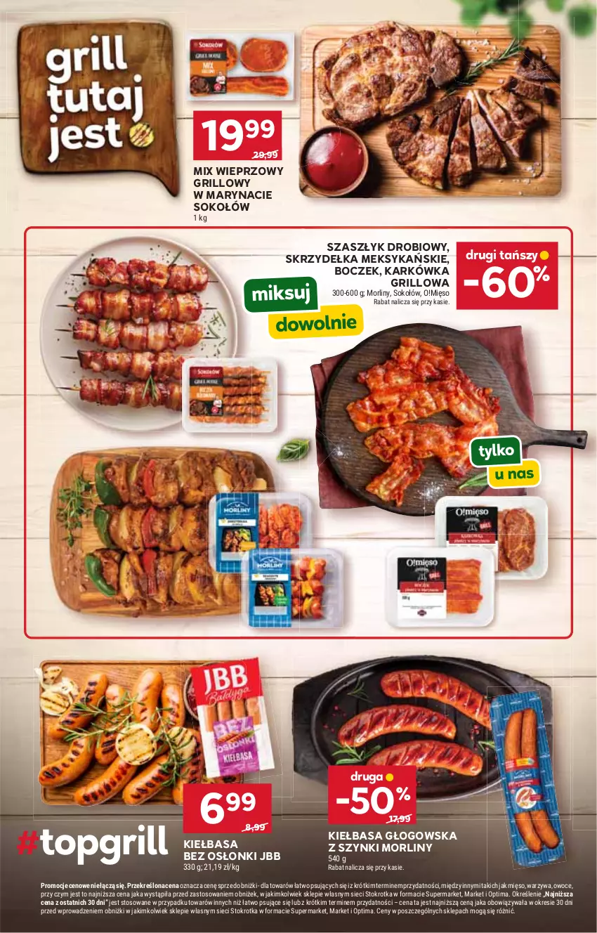 Gazetka promocyjna Stokrotka - Supermarket - ważna 25.06 do 01.07.2026 - strona 18 - produkty: Boczek, Grill, Kiełbasa, Kiełbasa głogowska, Mięso, Morliny, Optima, Owoce, Sok, Sokołów, Warzywa