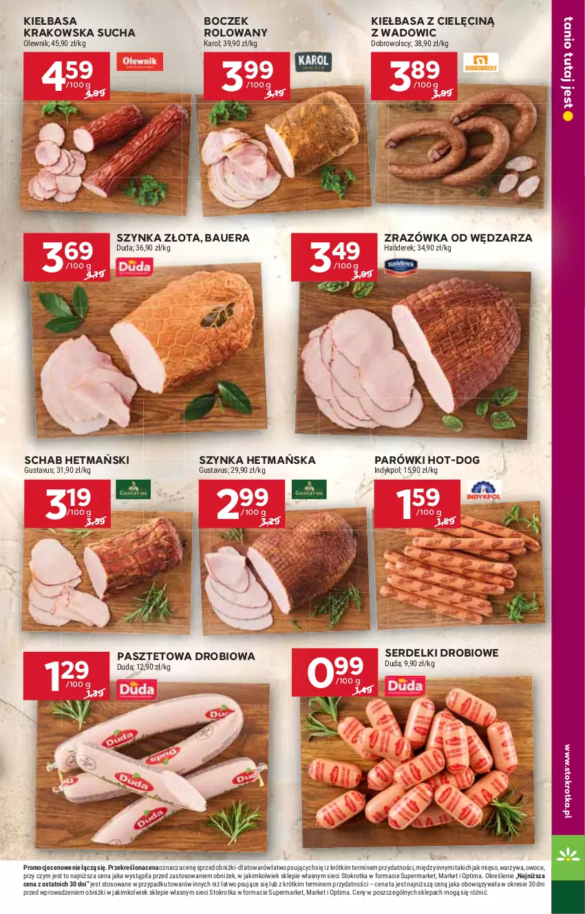 Gazetka promocyjna Stokrotka - Supermarket - ważna 25.06 do 01.07.2026 - strona 21 - produkty: Boczek, Duda, Kiełbasa, Kiełbasa krakowska, Mięso, Olewnik, Optima, Owoce, Parówki, Pasztet, Ser, Serdelki, Szynka, Warzywa