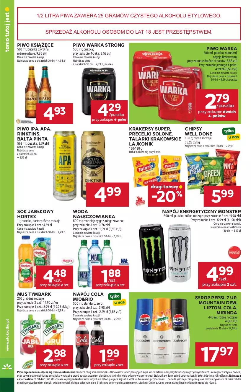 Gazetka promocyjna Stokrotka - Supermarket - ważna 25.06 do 01.07.2026 - strona 40 - produkty: Chipsy, Gra, Hortex, Krakersy, Książęce, Lajkonik, Lipton, Mięso, Mirinda, Mus, Nałęczowianka, Napój, Napój energetyczny, Optima, Owoce, Pepsi, Piwa, Piwo, Precelki, Sok, Sok jabłkowy, Syrop, Tymbark, Warka, Warzywa, Woda