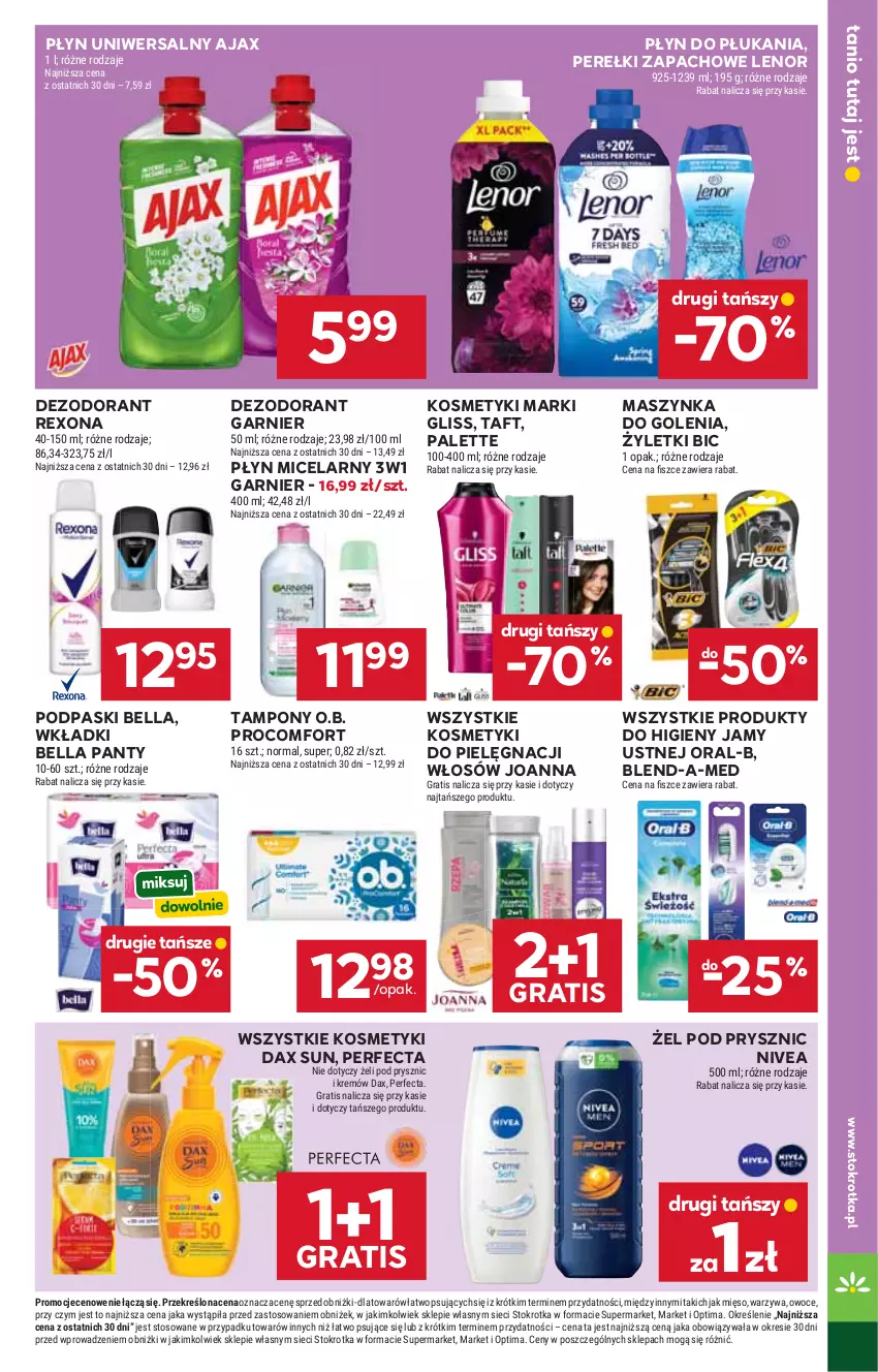 Gazetka promocyjna Stokrotka - Supermarket - ważna 25.06 do 01.07.2026 - strona 41 - produkty: Ajax, Bell, Bella, BIC, Blend-a-Med, DAX, Dezodorant, Garnier, Gra, Joanna, Kosmetyki do pielęgnacji, Lenor, Maszynka, Maszynka do golenia, Mięso, Nivea, O.B., Optima, Owoce, Palette, Perełki zapachowe, Perfecta, Płyn do płukania, Płyn micelarny, Podpaski, Rexona, Szynka, Taft, Tampony, Warzywa, Wkładki