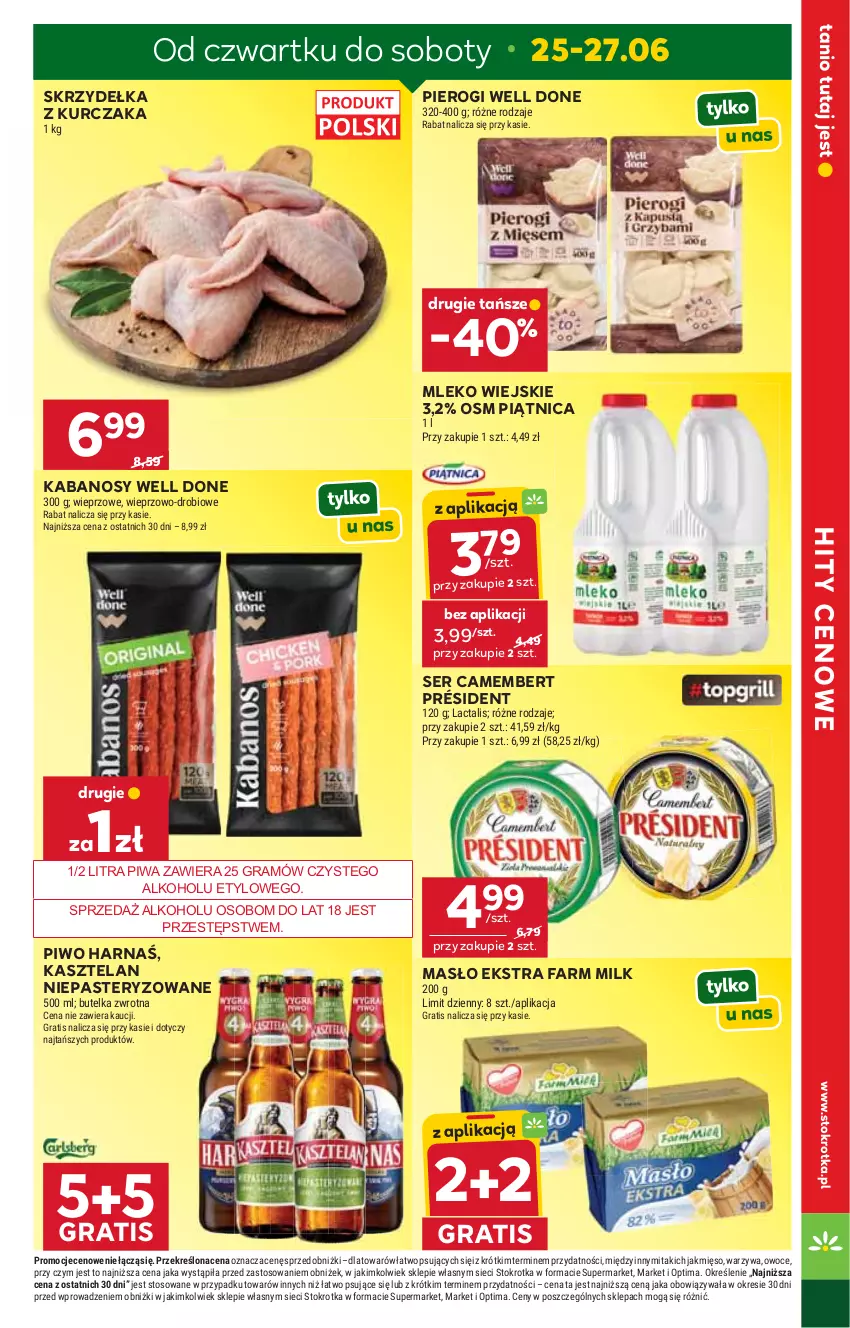 Gazetka promocyjna Stokrotka - Supermarket - ważna 25.06 do 01.07.2026 - strona 5 - produkty: Camembert, Fa, Farm Milk, Gra, Harnaś, Kabanos, Kasztelan, Kurczak, Masło, Mięso, Mleko, Optima, Owoce, Piątnica, Pierogi, Piwa, Piwo, Président, Ser, Skrzydełka z kurczaka, Warzywa