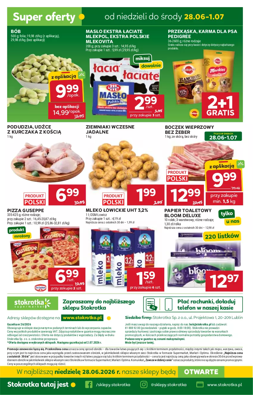 Gazetka promocyjna Stokrotka - Supermarket - ważna 25.06 do 01.07.2026 - strona 50 - produkty: Boczek, Boczek wieprzowy, Dres, Gra, JBL, Kurczak, Masło, Mięso, Mleko, Mlekovita, O nas, Optima, Owoce, Papier, Papier toaletowy, Pedigree, Pizza, Telefon, Wagi, Warzywa, Ziemniaki