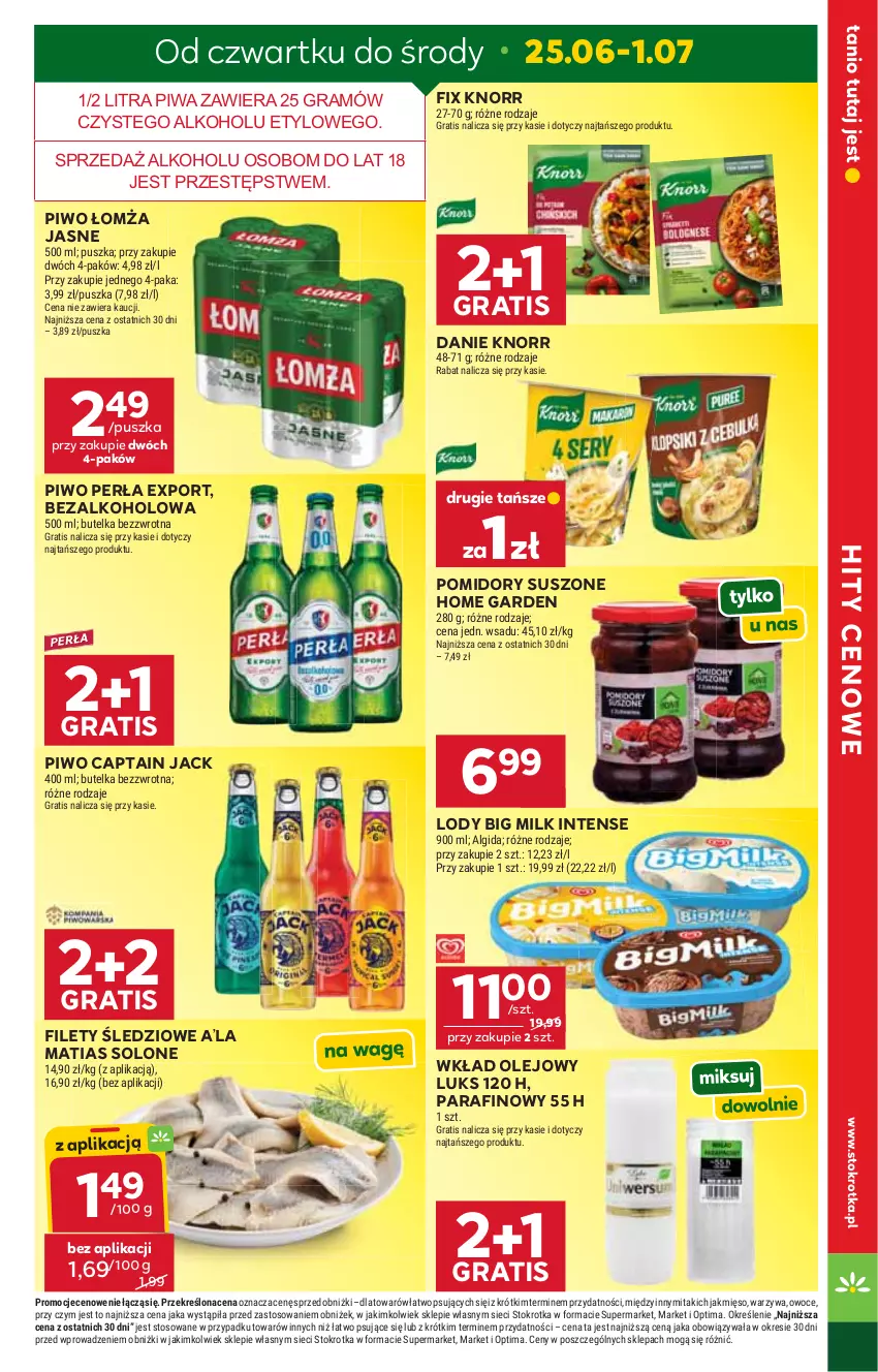Gazetka promocyjna Stokrotka - Supermarket - ważna 25.06 do 01.07.2026 - strona 7 - produkty: Algida, Big Milk, Captain Jack, Gra, Knorr, LG, Lody, Mięso, Olej, Optima, Owoce, Perła, Piwa, Piwo, Pomidory, Por, Warzywa, Wkład olejowy