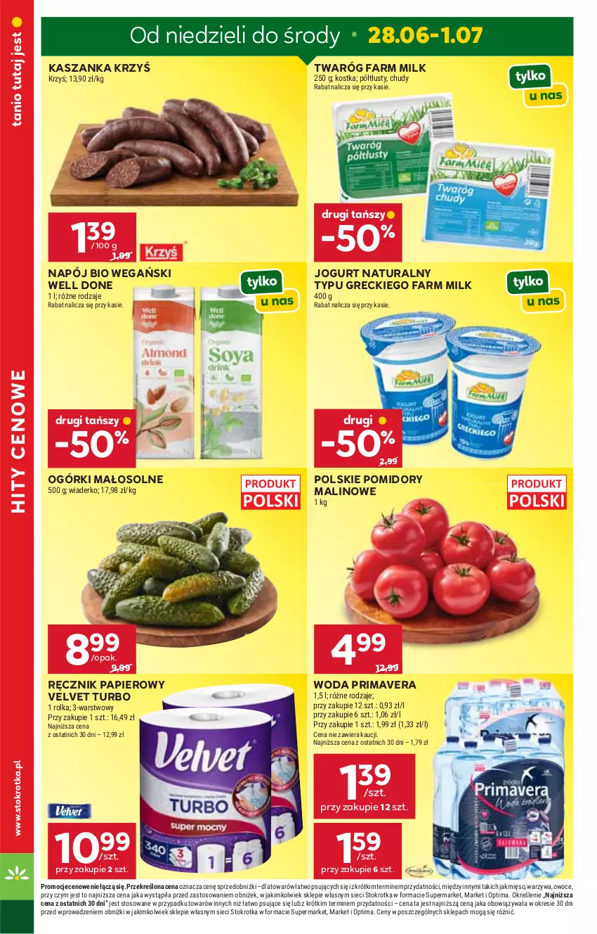 Gazetka promocyjna Stokrotka - Supermarket - ważna 25.06 do 01.07.2026 - strona 8 - produkty: Fa, Farm Milk, Jogurt, Jogurt naturalny, Kasza, Kaszanka, Mięso, Napój, Optima, Owoce, Papier, Pomidory, Prima, Primavera, Ręcznik, Twaróg, Velvet, Warzywa, Woda