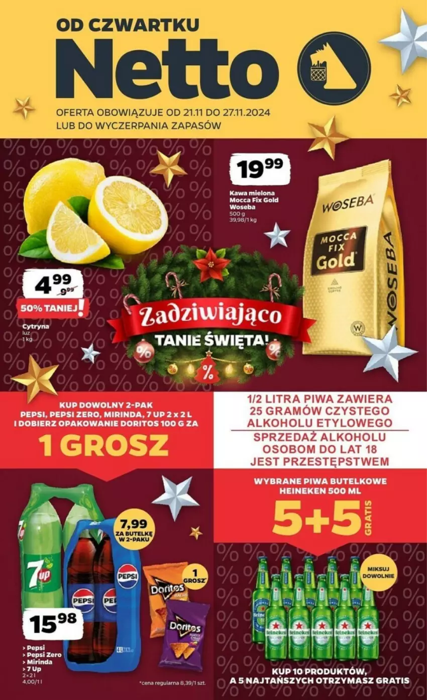 Gazetka promocyjna Netto - ważna 21.11 do 27.11.2024 - strona 1 - produkty: 7up, Gra, Mirinda, Mocca Fix Gold, Pepsi, Piwa, Sól, Woseba