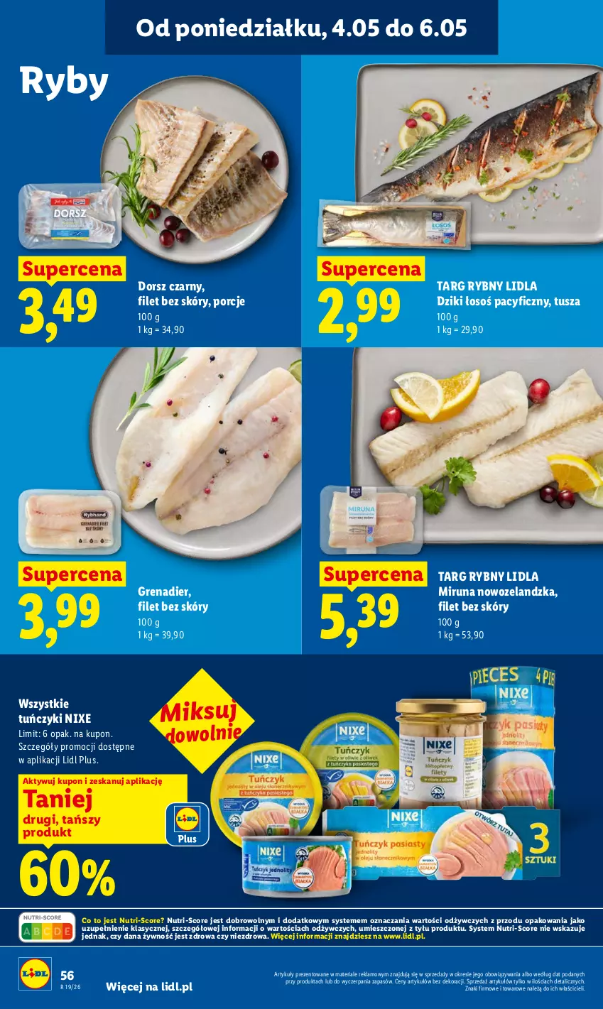 Gazetka promocyjna Lidl - Gazetka ważna od 04.05 do 06.05 - ważna 04.05 do 06.05.2026 - strona 60 - produkty: Dorsz, Grenadier, Miruna, Por, Tuńczyk, Tusz