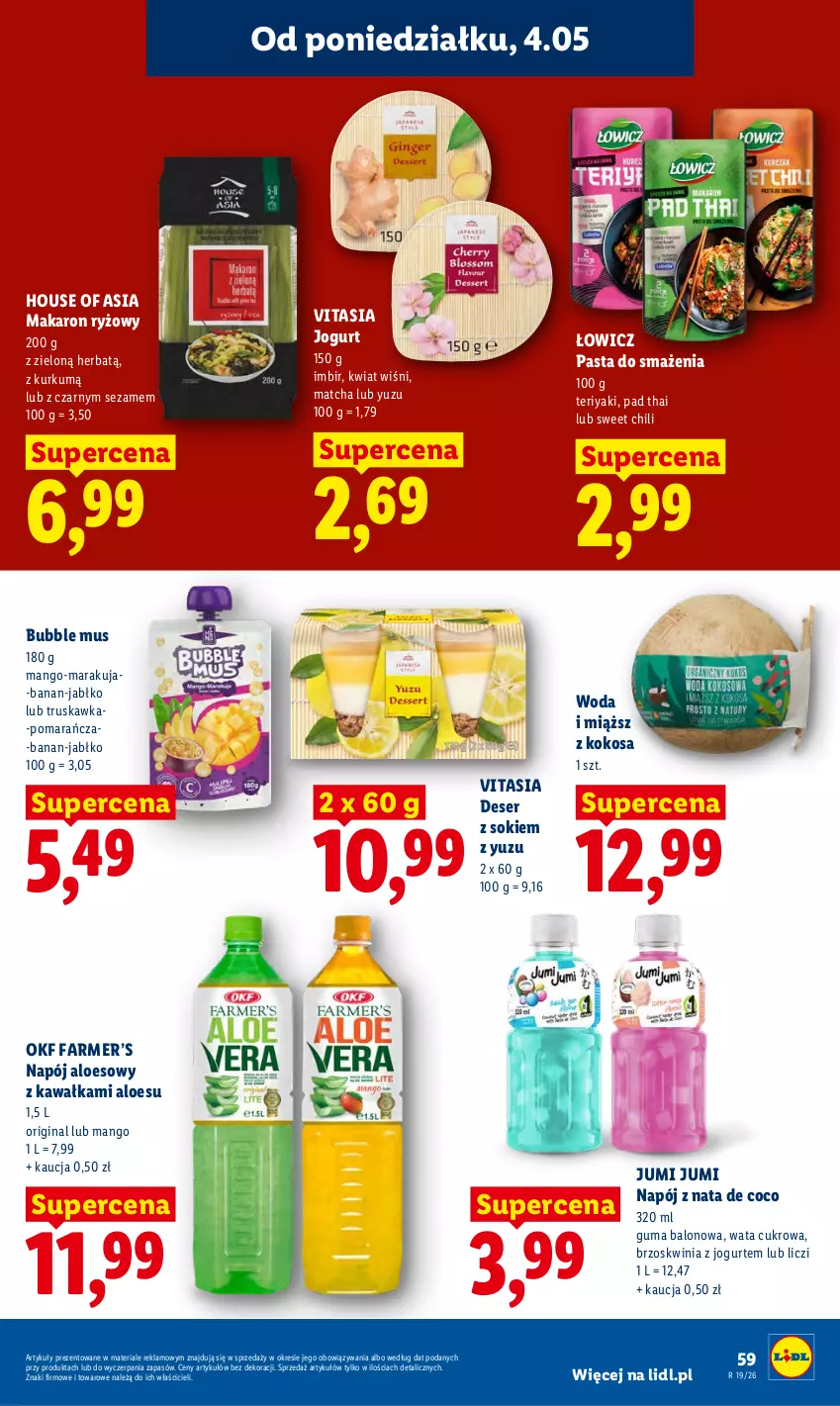Gazetka promocyjna Lidl - Gazetka ważna od 04.05 do 06.05 - ważna 04.05 do 06.05.2026 - strona 63 - produkty: Deser, Fa, Gin, House of Asia, Imbir, Jogurt, Kawa, Kokos, Liczi, Makaron, Makaron ryżowy, Mango, Mus, Napój, Ryż, Ser, Sezam, Sok, Wata cukrowa, Woda