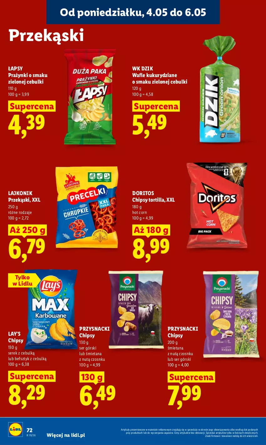 Gazetka promocyjna Lidl - Gazetka ważna od 04.05 do 06.05 - ważna 04.05 do 06.05.2026 - strona 78 - produkty: Chipsy, Lajkonik, Lay’s, Przysnacki, Ser, Serek, Tortilla, Wafle