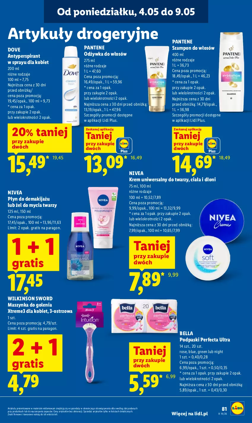Gazetka promocyjna Lidl - Gazetka ważna od 04.05 do 06.05 - ważna 04.05 do 06.05.2026 - strona 87 - produkty: Antyperspirant, Bell, Bella, Dove, Gra, Krem uniwersalny, Makijaż, Maszynka, Maszynka do golenia, Nivea, Odżywka, Pantene, Perfecta, Podpaski, Szampon, Szynka, Wilkinson Sword