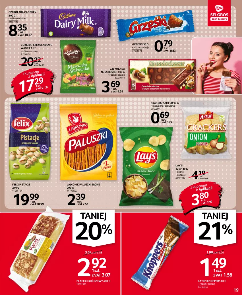 Gazetka promocyjna Selgros - Oferta spożywcza - ważna 19.08 do 01.09.2021 - strona 19 - produkty: Artur, Baton, Cukier, Cukierki, Cukierki czekoladowe, Czekolada, Felix, Grześki, Knoppers, Krakersy, Lajkonik, Lay’s, Pistacje, Ser, Wawel