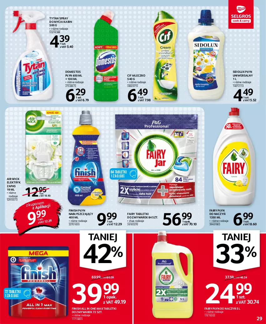 Gazetka promocyjna Selgros - Oferta spożywcza - ważna 19.08 do 01.09.2021 - strona 29 - produkty: Air Wick, Cif, Domestos, Fa, Fairy, Finish, Mleczko, Płyn nabłyszczający, Sidolux, Tablet, Tytan