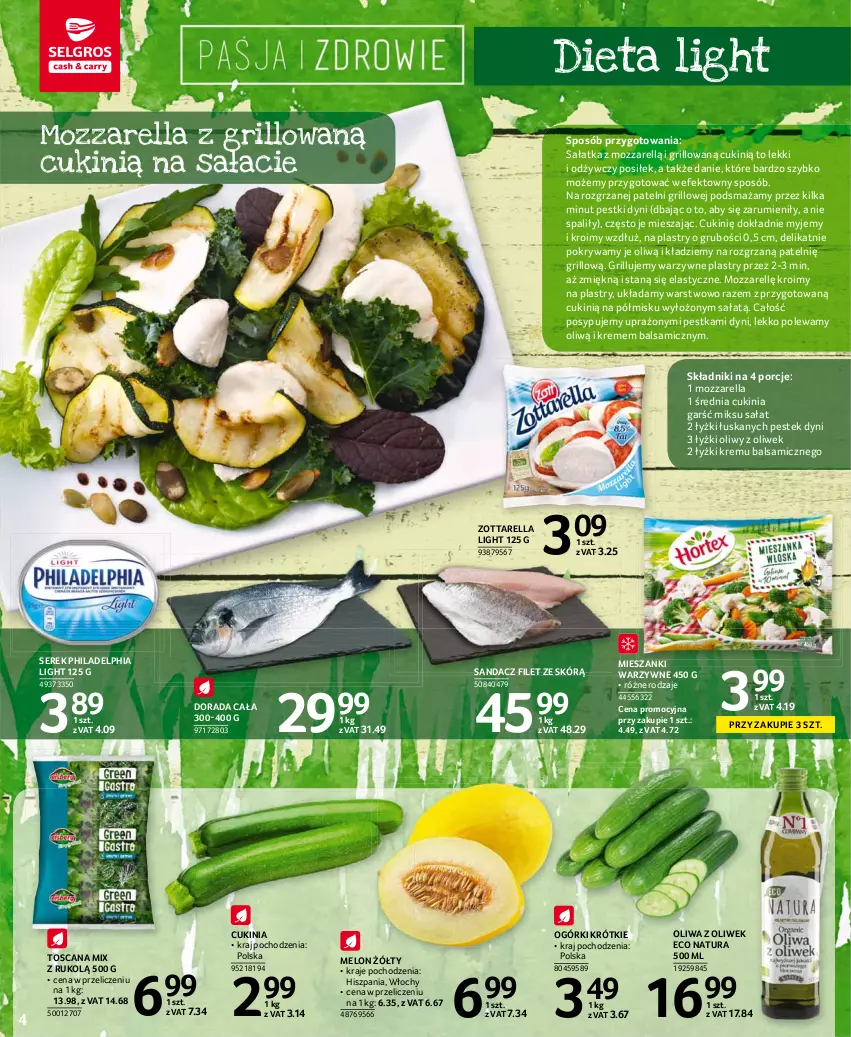 Gazetka promocyjna Selgros - Oferta spożywcza - ważna 19.08 do 01.09.2021 - strona 4 - produkty: Grill, Melon, Mozzarella, Oliwa z oliwek, Pestki dyni, Philadelphia, Pokrywa, Por, Rum, Sałat, Sałatka, Sandacz, Sandacz filet, Ser, Serek, Stek, Zott, Zottarella