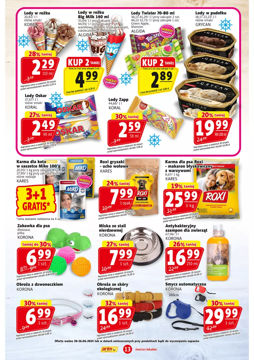 Gazetka promocyjna Prim Market - ważna 20.06 do 26.06.2024 - strona 13 - produkty: Big Milk, Dinozaur, Gry, LG, Lody, Makaron, Miska, Smycz, Sos, Szampon, Warzywa, Zabawka