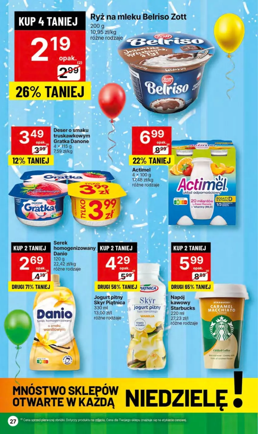 Gazetka promocyjna Delikatesy Centrum - Dyskontowe ceny w Delikatesach Centrum - ważna 27.12.2023 do 03.01.2024 - strona 27 - produkty: Actimel, Belriso, Danio, Danone, Deser, Gra, Jogurt, Jogurt pitny, Napój, Piątnica, Por, Ryż, Ryż na mleku, Ser, Serek, Zott