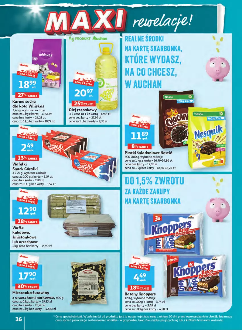 Gazetka promocyjna Auchan - Gazetka Wielkie majowe odkrycia cenowe część #2 Hipermarket Auchan - ważna 04.05 do 10.05.2023 - strona 16 - produkty: Baton, Danio, Góralki, Kakao, Knoppers, Olej, Olej rzepakowy, Wafle, Whiskas