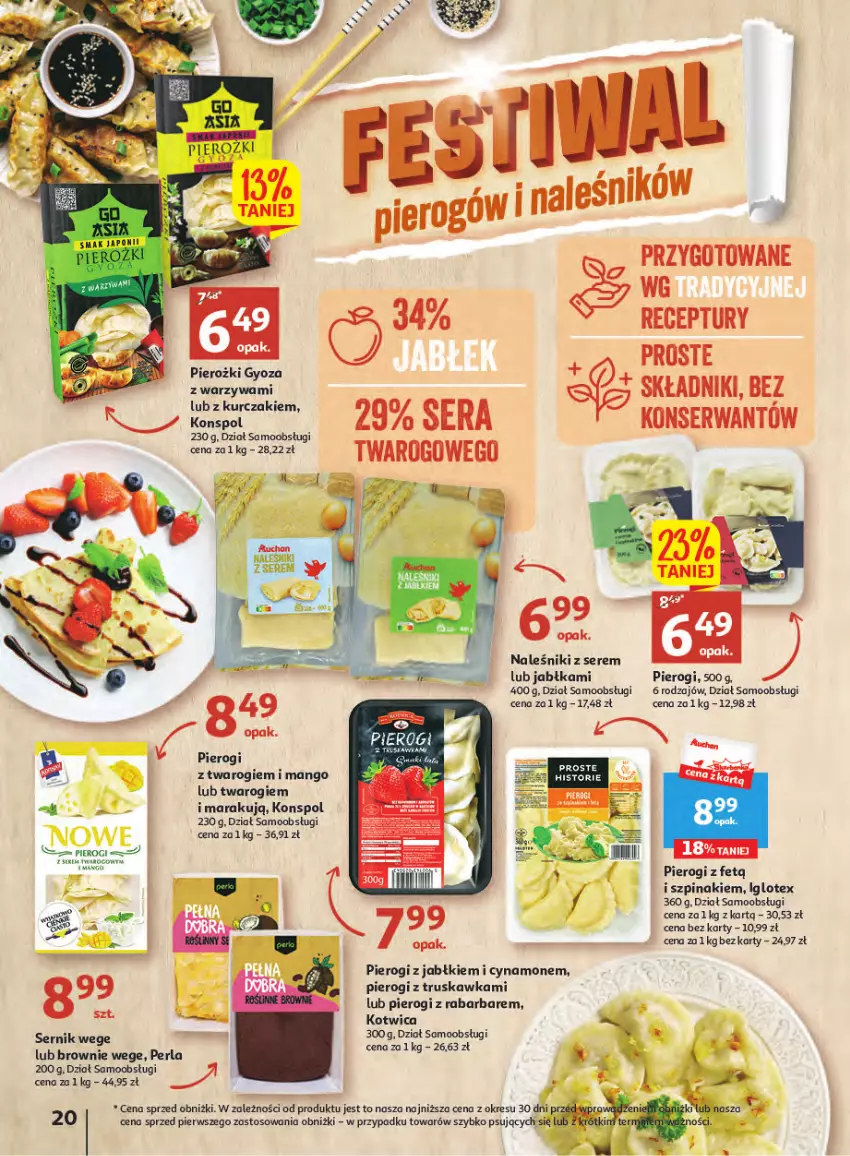 Gazetka promocyjna Auchan - Gazetka Wielkie majowe odkrycia cenowe część #2 Hipermarket Auchan - ważna 04.05 do 10.05.2023 - strona 20 - produkty: Brownie, Jabłka, Koc, LG, Mango, Naleśniki, O nas, Pierogi, Ser, Szpinak, Warzywa