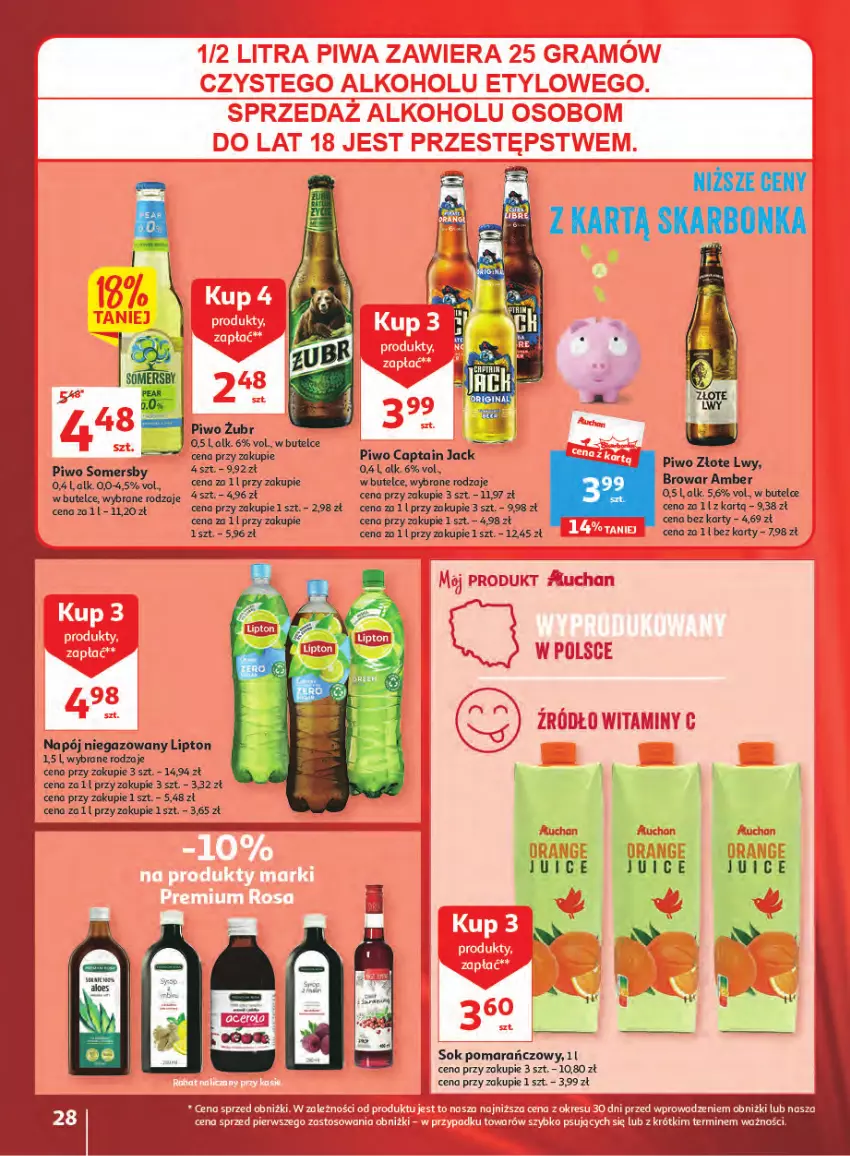 Gazetka promocyjna Auchan - Gazetka Wielkie majowe odkrycia cenowe część #2 Hipermarket Auchan - ważna 04.05 do 10.05.2023 - strona 28 - produkty: Lipton, Napój, Napój niegazowany, Piwo, Sok, Sok pomarańczowy, Somersby