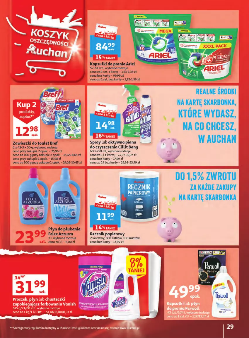 Gazetka promocyjna Auchan - Gazetka Wielkie majowe odkrycia cenowe część #2 Hipermarket Auchan - ważna 04.05 do 10.05.2023 - strona 29 - produkty: Ariel, Bref, Cillit Bang, Papier, Płyn do płukania, Ręcznik, Zawieszki