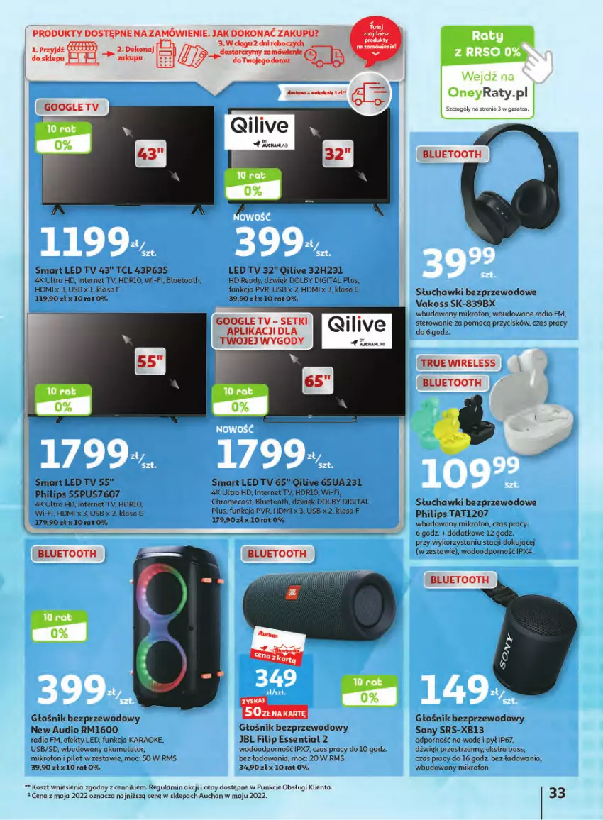 Gazetka promocyjna Auchan - Gazetka Wielkie majowe odkrycia cenowe część #2 Hipermarket Auchan - ważna 04.05 do 10.05.2023 - strona 33 - produkty: Akumulator, Głośnik, HD ready, JBL, Kosz, LED TV, Mikrofon, Philips, Por, Słuchawki, Słuchawki bezprzewodowe, Sony