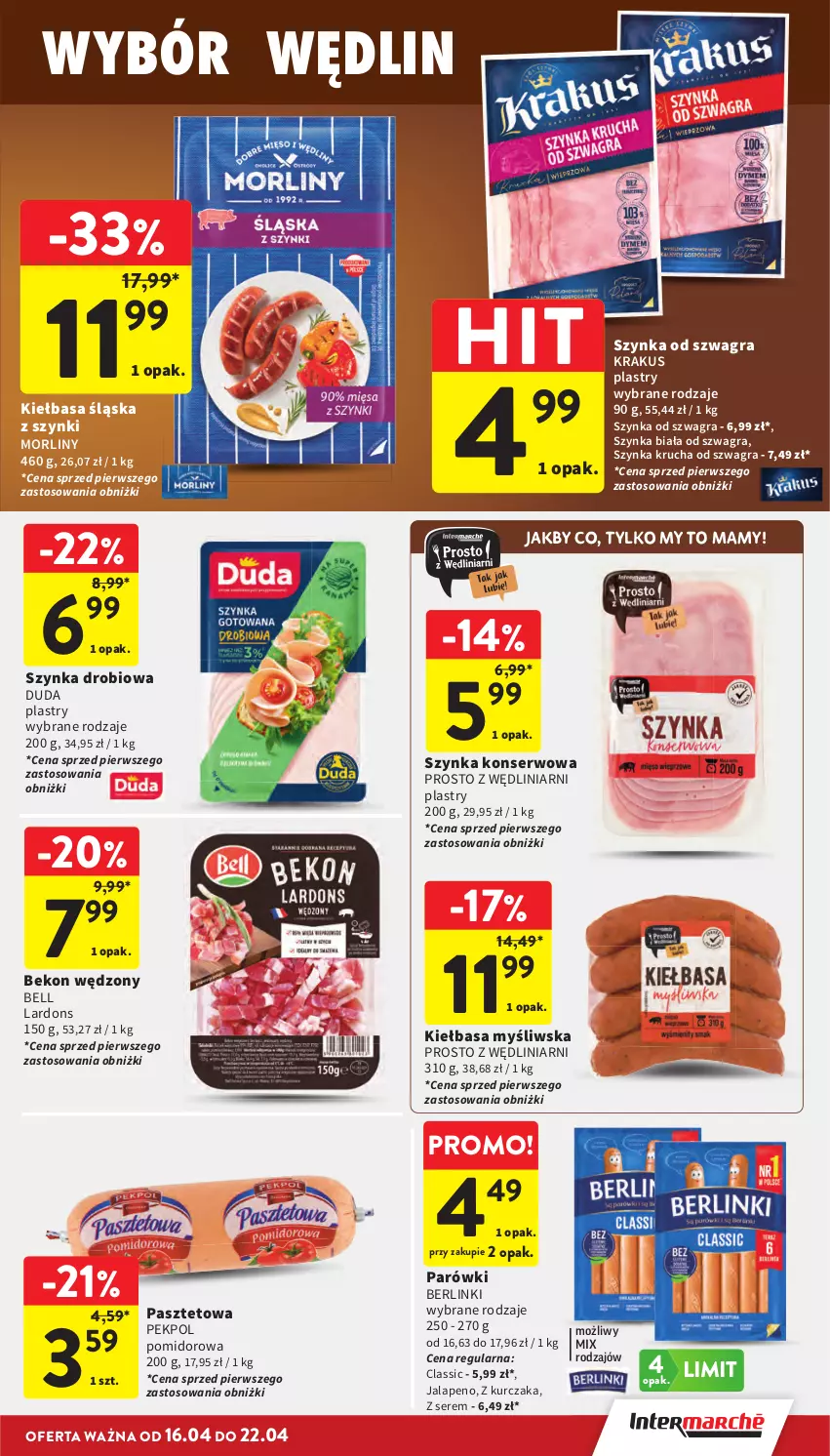 Gazetka promocyjna Intermarche - Gazetka promocyjna - ważna 16.04 do 22.01.2026 - strona 17 - produkty: Beko, Bell, Berlinki, Duda, Gra, Kiełbasa, Kiełbasa śląska, Krakus, Kurczak, Morliny, Parówki, Pasztet, Pekpol, Ser, Szynka, Szynka biała, Szynka konserwowa