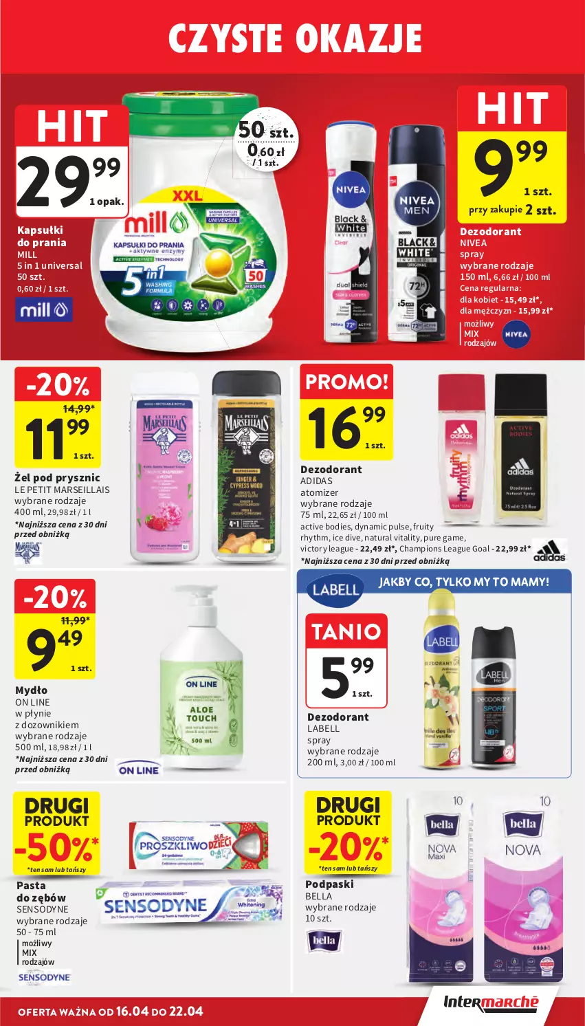 Gazetka promocyjna Intermarche - Gazetka promocyjna - ważna 16.04 do 22.01.2026 - strona 37 - produkty: Adidas, Bell, Bella, Dezodorant, Dozownik, Goal, Kapsułki do prania, Mars, Mydło, Nivea, Pasta do zębów, Podpaski, Pur, Sensodyne