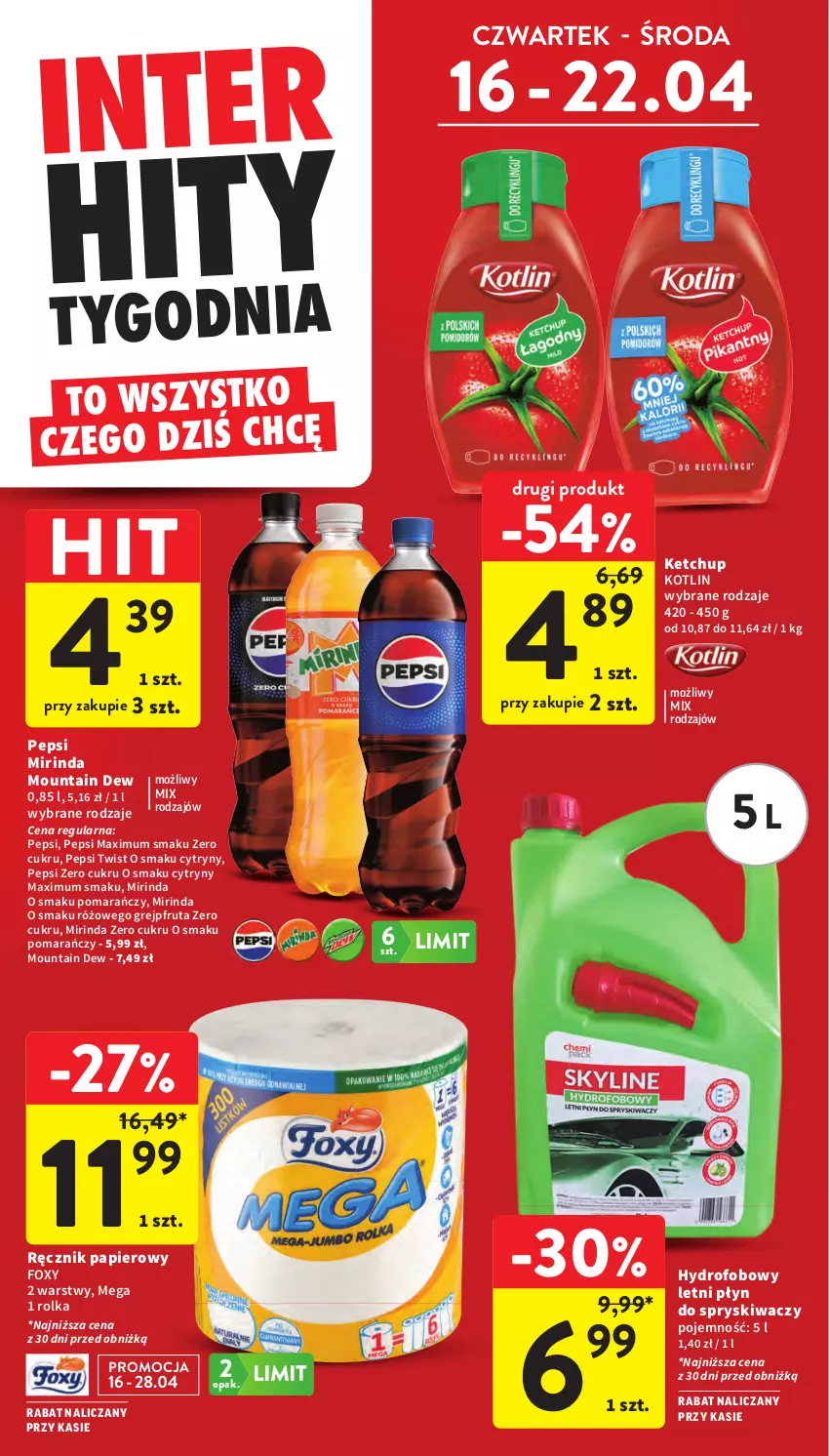 Gazetka promocyjna Intermarche - Gazetka promocyjna - ważna 16.04 do 22.01.2026 - strona 6 - produkty: Cytryny, Foxy, Grejpfrut, Ketchup, Kotlin, Mirinda, Papier, Pepsi, Pepsi max, Płyn do spryskiwaczy, Ręcznik