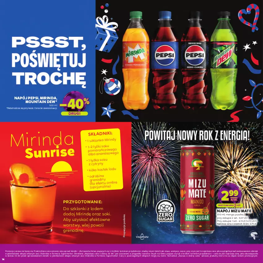 Gazetka promocyjna Stokrotka - Katalog Sylwester! - ważna 30.12.2025 do 14.01.2026 - strona 14 - produkty: Ananas, Cytryny, Lanki, Mango, Mięso, Mirinda, Napój, Owoce, Pepsi, Sok, Stek, Szklanka, Warzywa