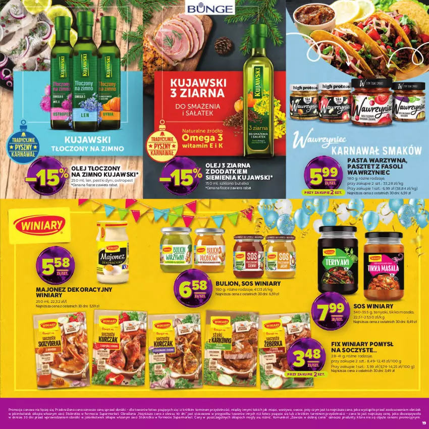 Gazetka promocyjna Stokrotka - Katalog Sylwester! - ważna 30.12.2025 do 14.01.2026 - strona 19 - produkty: Bulion, Fa, Kujawski, LANA, Lion, Majonez, Mięso, Olej, Ostropes, Owoce, Pasta warzywna, Pasztet, Pestki dyni, Sos, Warzywa, Winiary