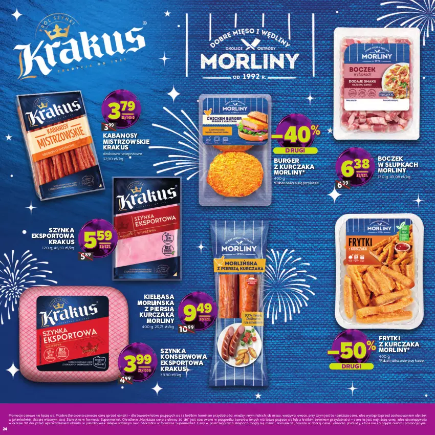 Gazetka promocyjna Stokrotka - Katalog Sylwester! - ważna 30.12.2025 do 14.01.2026 - strona 24 - produkty: Boczek, Burger, Frytki, Kabanos, Kiełbasa, Krakus, Kurczak, Mięso, Morliny, Owoce, Por, Ser, Sport, Szynka, Szynka konserwowa, Warzywa