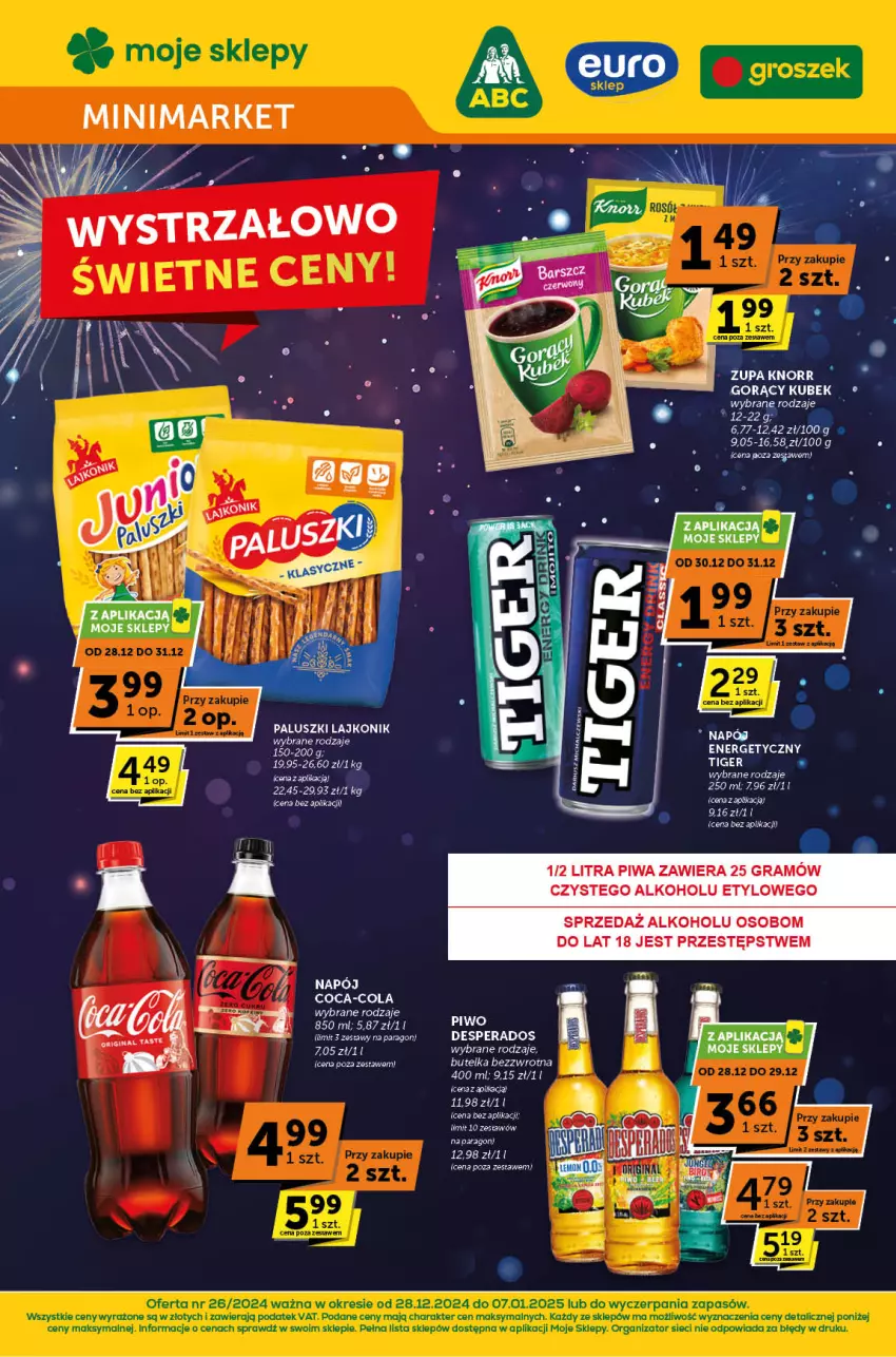 Gazetka promocyjna ABC - ważna 28.12.2024 do 07.01.2025 - strona 1 - produkty: Coca-Cola, Desperados, Gra, Knorr, Kubek, Lajkonik, Napój, Napój energetyczny, Piwa, Piwo, Tiger, Zupa