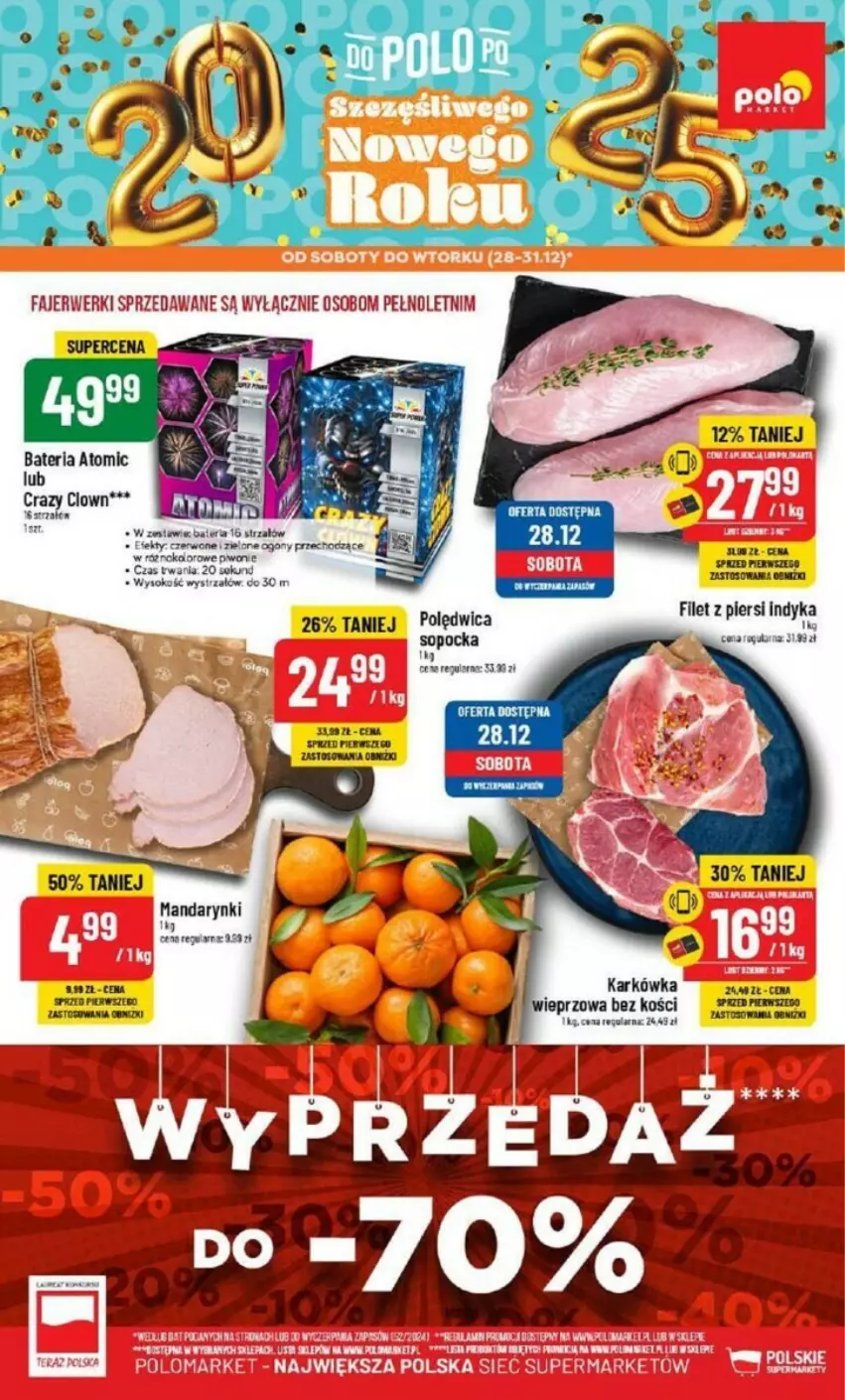 Gazetka promocyjna PoloMarket - ważna 28.12 do 31.12.2024 - strona 1 - produkty: Atomic, Bateria, Filet z piersi indyka, Mandarynki, Piwo, Polędwica, Sok, Strzałów