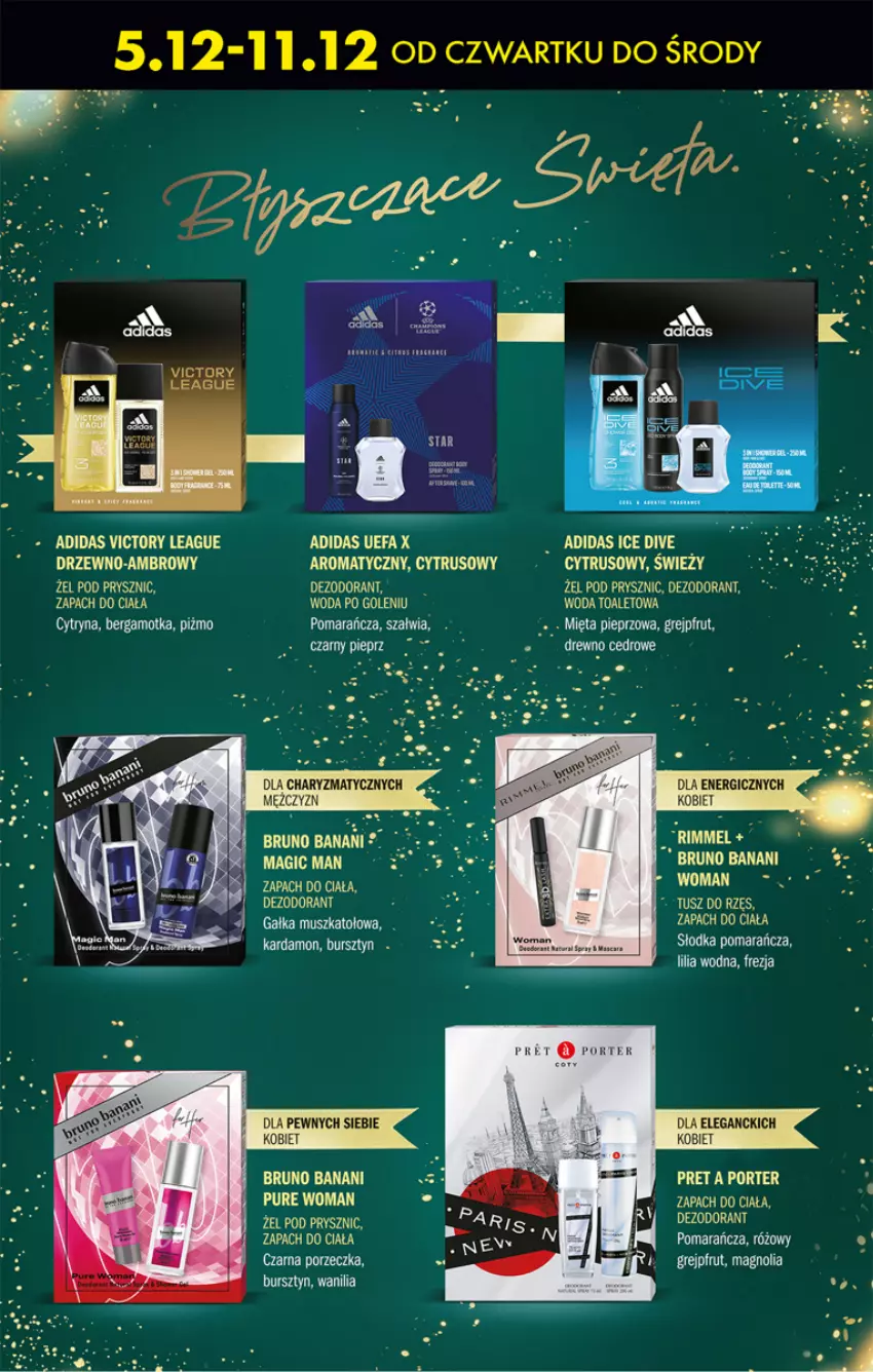 Gazetka promocyjna Biedronka - Od Czwartku - ważna 05.12 do 11.12.2024 - strona 68 - produkty: Adidas, Bruno Banani, Bursztyn, Dezodorant, Fa, Gałka, Grejpfrut, Mięta, Mus, Pieprz, Por, Woda, Woda toaletowa