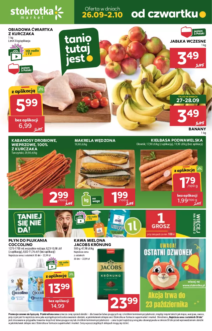 Gazetka promocyjna Stokrotka - Market - ważna 26.09 do 02.10.2024 - strona 1 - produkty: Banany, Coccolino, Jabłka, Jacobs, Jacobs Krönung, Kabanos, Kawa, Kawa mielona, Kiełbasa, Kiełbasa podwawelska, Kurczak, Mięso, Olewnik, Owoce, Płyn do płukania, Tarczyński, Warzywa, Wawel