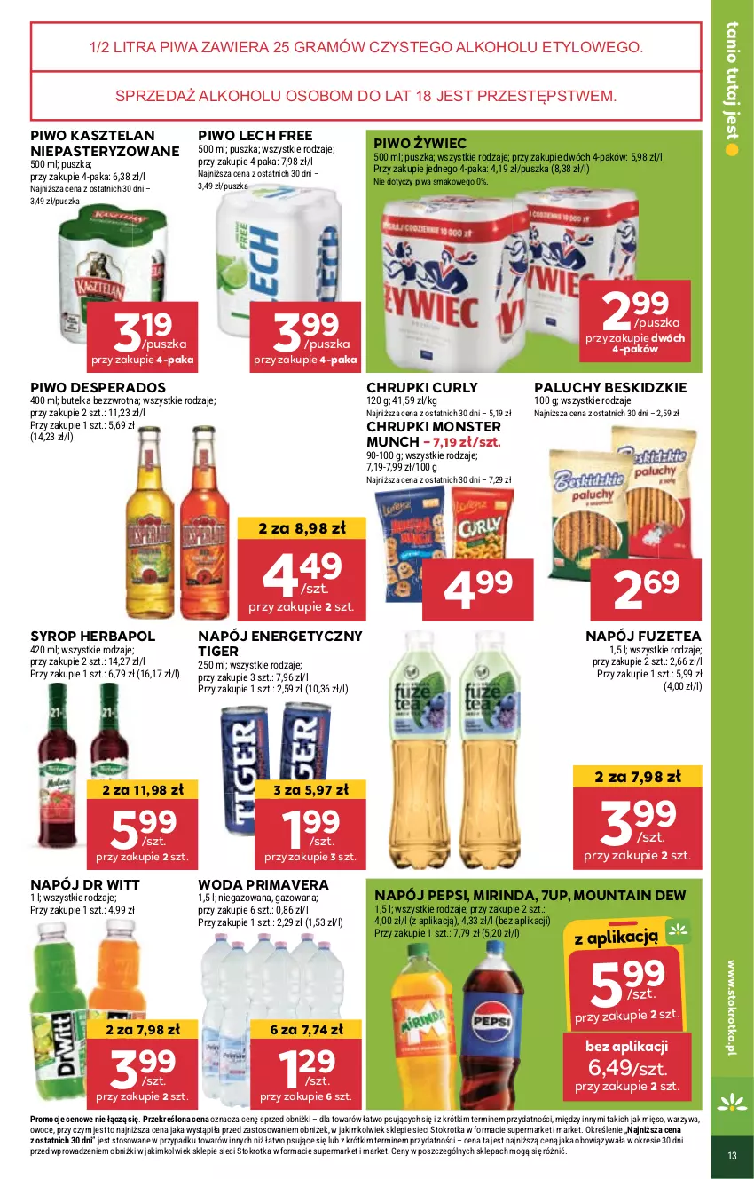 Gazetka promocyjna Stokrotka - Market - ważna 26.09 do 02.10.2024 - strona 17 - produkty: 7up, Beskidzki, Chrupki, Desperados, Gra, Herbapol, Kasztelan, Mięso, Mirinda, Monster Munch, Napój, Napój energetyczny, Owoce, Pepsi, Piwa, Piwo, Prima, Primavera, Syrop, Tiger, Warzywa, Woda